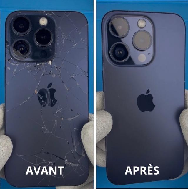 Vitre arrière iPhone réparée : avant après